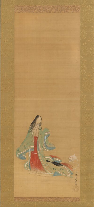 Die dritte Prinzessin mit ihrer Katze, aus den Neuen Kräutern I Wakana I..., 18. Jahrhundert von Tsukioka Masanobu