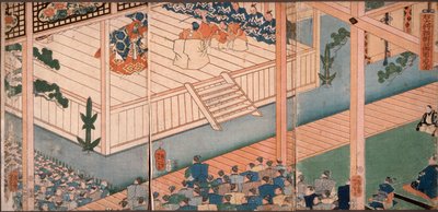 Der General der Rechten, Fürst Yoritomo, besichtigt eine besondere Nō-Aufführung von Tsukioka Yoshitoshi