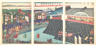 Hideyoshi und seine Truppen verlassen das Lager von Nagoya (Darstellung der Generäle beim Ausmarsch vor dem Lager von Fürst Mashiba Hideyoshi in Nagoya) von Tsukioka Yoshitoshi