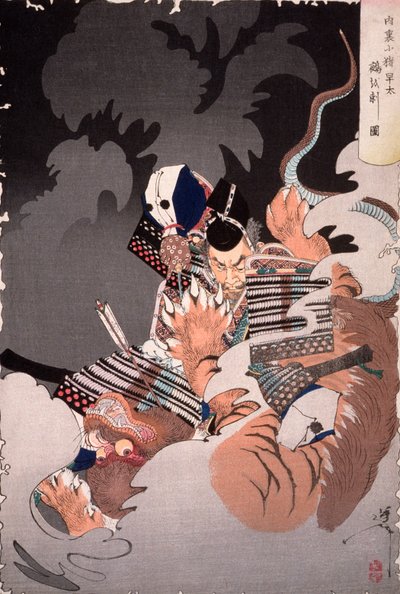 I no Hayata tötet den Nue im Kaiserpalast von Tsukioka Yoshitoshi