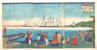 Darstellung eines großen französischen Hafens, der mit vielen Nationen Handel treibt von Tsukioka Yoshitoshi