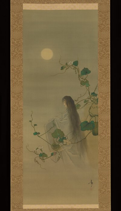 Der Geist der verstorbenen Yūgao, umwunden von Mondblumenranken, nach dem Druck „Die Dame der Abendgesichter“ aus der Folge „Hundert Ansichten des Mondes“ (Tsuki hyakushi: Genji Yūgao no maki) von Tsukioka Yoshitoshi
