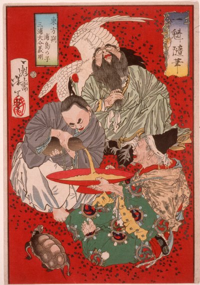 Tobosaku, der Steuereintreiber Miura Yoshiaki und Urashima Taro beim Weintrinken von Tsukioka Yoshitoshi
