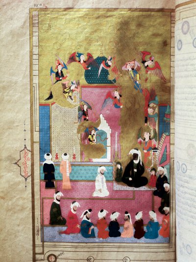 Der Prophet Muhammad (570-632) (bedecktes Gesicht) während des Mirac, seines Aufstiegs in den siebten Himmel. Miniatur aus dem Manuskript 