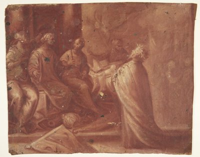 Jesus überreicht einer Frau auf einem Thron eine Mitra, umgeben von zwei Frauen (Allegorie) von Ubekendt