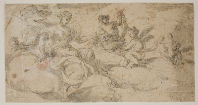 Aurora sitzt in Wolken, umgeben von Putti, die Girlanden binden. Zwei Seiten aus einem Skizzenbuch von Ubekendt Ubekendt