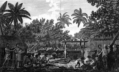 Ein Menschenopfer in einem Morai auf Otaheite in Anwesenheit von Kapitän Cook, um 1773 von Unbekannt
