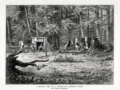 Ein Bergbau-Camp an einem nordwestamerikanischen Fluss, 1877 von Unbekannt