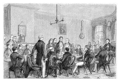 Ein Treffen der Anti-Corn Law League im Newalls Building, Manchester, 1838, ca. 1895 von Unbekannt