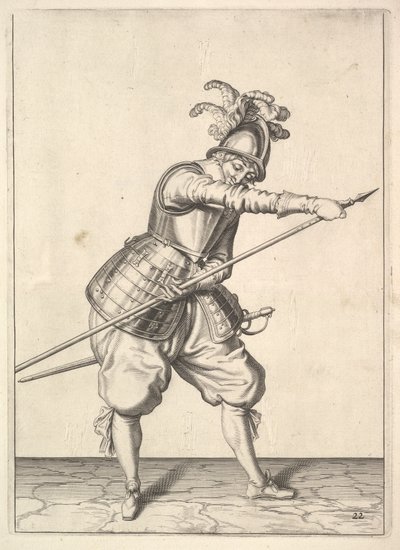 Ein Soldat, der seine rechte Hand entlang der Trainingslanze gleiten lässt, aus der Lansquenets-Serie, Platte 2 von Unbekannt