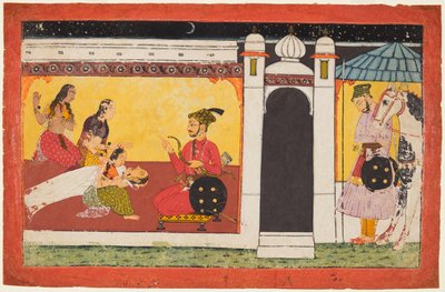 Eine Frau fällt vor einem Prinzen in Ohnmacht, eine Nachtszene aus einer Madhavanala Kamakandala Serie, um 1700 von Unbekannt