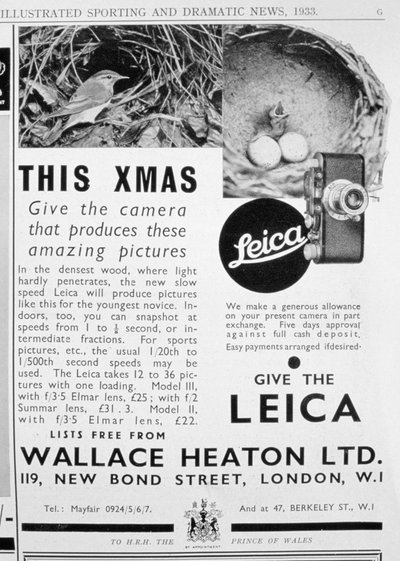 Werbung für Leica-Kameras verkauft von Wallace Heaton Ltd, New Bond Street, London, 1933 von Unbekannt