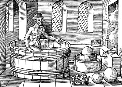 Archimedes, ca. 287-212 v. Chr., antiker griechischer Mathematiker und Erfinder, in seinem Bad von Unbekannt