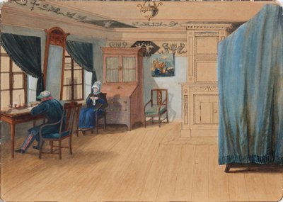 Schlafzimmerinterieur. Graf Yegor Frantsevich Kankrin 1774-1845 an seinem Schreibtisch, 1820er Jahre von Unbekannt