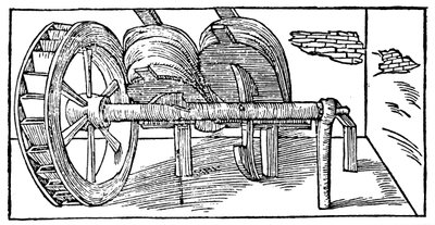 Blasebalg, betrieben von einer Nockenwelle, angetrieben durch ein Wasserrad, 1540 von Unbekannt