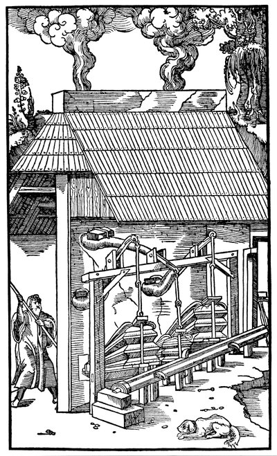 Blasebälge, die Zugluft zu einem Schmelzofen liefern, 1556 von Unbekannt