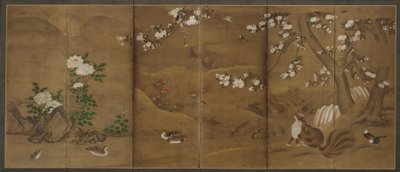Vögel, Blumen der Jahreszeiten und Zibetkatzen, Muromachi- oder Momoyama-Periode, 16. Jahrhundert von Unbekannt