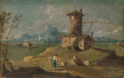 Capriccio mit einer Insel, einem Turm und Häusern von Unbekannt
