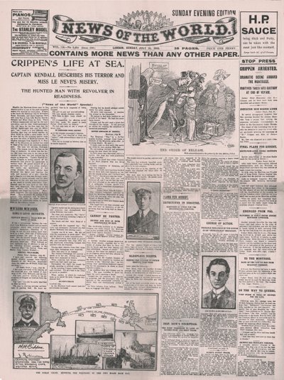 Crippens Leben auf See, Titelseite der News of the World, 31. Juli 1910 von Unbekannt