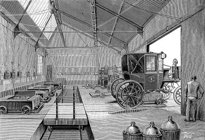 Depot, in dem elektrisch betriebene Pariser Taxis mit frisch geladenen Batterien ausgestattet wurden, 1899 von Unbekannt