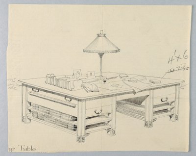 Entwurf für massiven Bibliothekstisch mit zwei offenen Regalböden auf jeder Seite, 1900–05 von Unbekannt