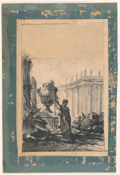 Zeichnung, Architektonische Fantasie mit Vase, Herm und Kolonnade, Mitte des 18. Jahrhunderts von Unbekannt