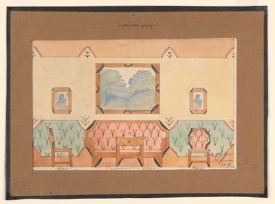 Zeichnung, Entwurf für ein Wohnzimmer mit Sofa, zwei Stühlen und Tisch von Unbekannt