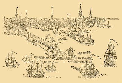 Englische Kriegsschiffe in Boston, wo die Tea-Party stattfand, 1768, ca. 1930 von Unbekannt