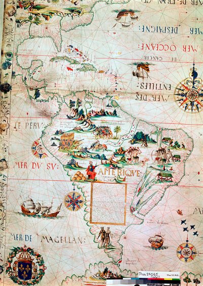 Französische Karte von Mittel- und Südamerika, Französisch, 1550 von Unbekannt