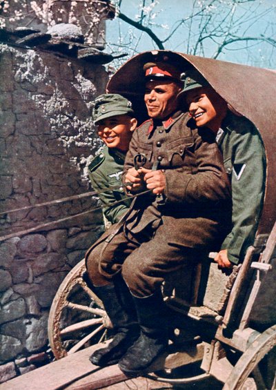 Deutsche Alpentruppen in einem Wagen mit einem bulgarischen Soldaten, Struma-Tal, Bulgarien, 1941 von Unbekannt