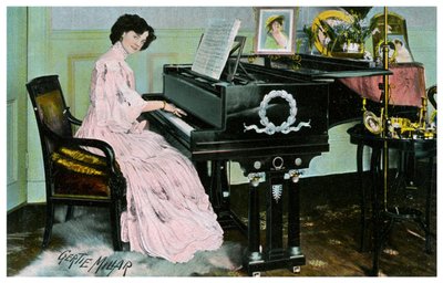 Gertie Millar, britische Schauspielerin und Sängerin, spielt Klavier, ca. 1890-1909 von Unbekannt