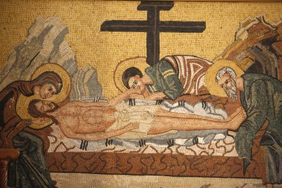 Griechisch-orthodoxe Ikone, die die Grablegung Christi in der St.-Georgs-orthodoxen Kirche darstellt, Madaba, Jordanien von Unbekannt