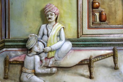 Jalaram Prathna Hindu-Tempel, Leicester. Kunstwerk, das das Leben von Jalarambapa darstellt. Vereinigtes Königreich von Unbekannt
