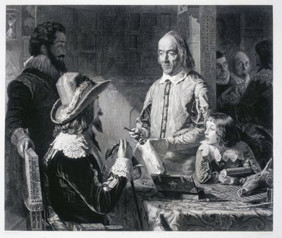 Der englische Arzt William Harvey (1578-1637) zeigt König Karl I. von England (1600-1649) die Theorie des Blutkreislaufs von Unbekannt