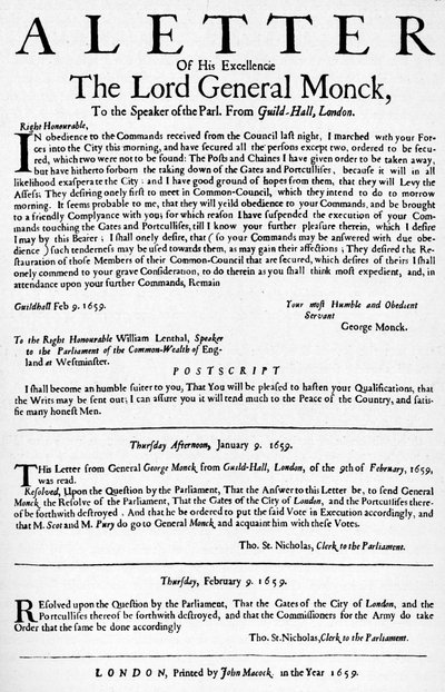 Brief von General Monck an den Sprecher des Unterhauses, 1659 1903 von Unbekannt