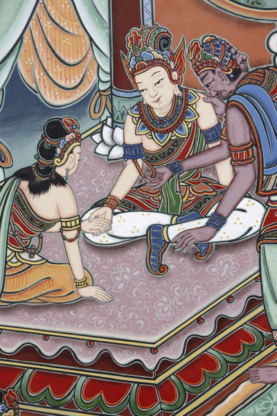 Leben des Buddha. Als der Junge das Alter von 16 Jahren erreichte, arrangierte sein Vater seine Ehe mit Ya von Unbekannt