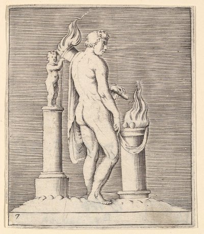 Mann mit Fackel zwischen brennendem Altar und Statuette von Unbekannt