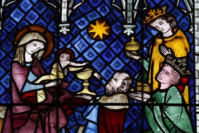 Unsere Liebe Frau von Straßburg Kathedrale. Buntglasfenster. Die Geburt Christi. Anbetung der Heiligen Drei Könige. 14. Jahrhundert. Straßburg. Frankreich. von Unbekannt
