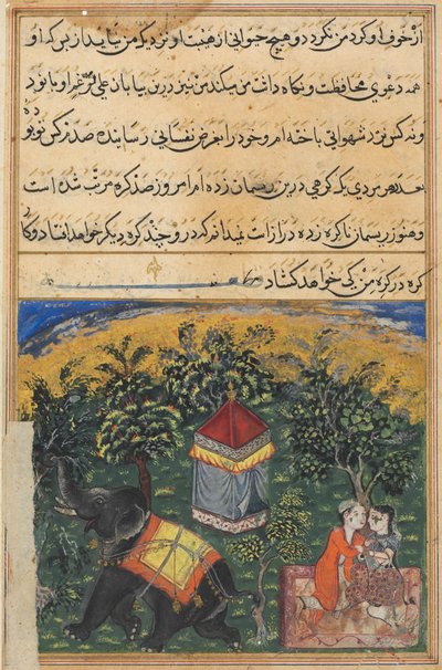 Seite aus Geschichten eines Papageis Tuti-nama: Vierte Nacht: Die Frau des Bettlers täuscht..., ca. 1560 von Unbekannt