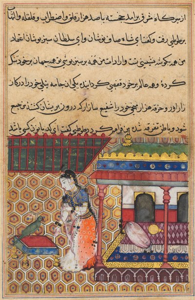 Seite aus Geschichten eines Papageis Tuti-nama: Achtunddreißigste Nacht: Der Papagei spricht Khujasta an, ca. 1560 von Unbekannt