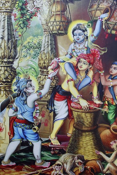 Gemälde des hinduistischen Gottes Krishna als Kind, das mit seinen Brüdern spielt, Indien von Unbekannt