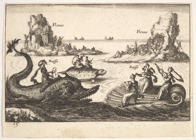 Tafel 15: Flüsse und Göttinnen, mit schwebenden Inseln, die von Stangenführern geleitet werden, weibliche Figur..., 1664 von Unbekannt