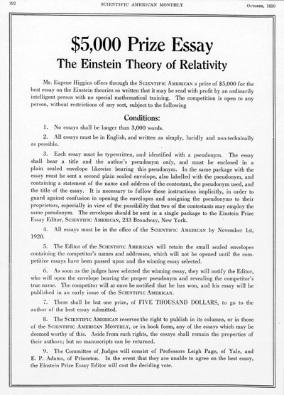 Preis angeboten in Scientific American, Oktober 1920, für einen Aufsatz über Einsteins Relativitätstheorie von Unbekannt