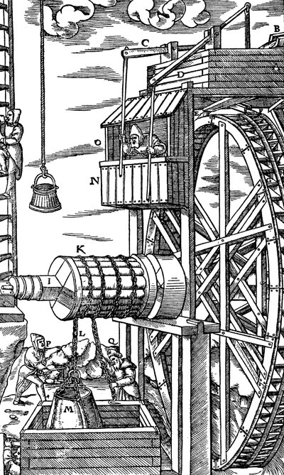 Umkehrbarer Aufzug zum Heben von Lederkübeln aus einem Minenschacht, 1556 von Unbekannt