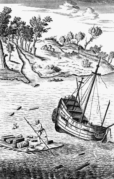 Robinson Crusoe rettet seine Güter aus dem Schiffswrack, um 1719 von Unbekannt