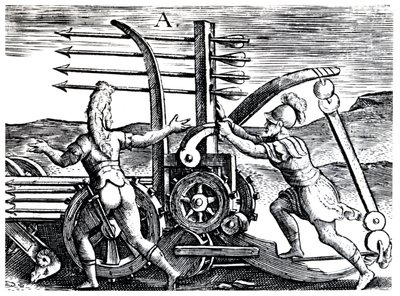 Römische Soldaten benutzen eine Kriegsmaschine, die mehrere Pfeile abschießt, 1605 von Unbekannt