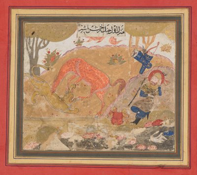 Rustams erster Kurs: Rakhsh tötet einen Löwen, Folio aus einem Shahnama Buch der Könige, ca. 1430-40 von Unbekannt