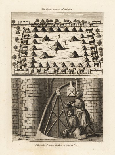 Ruyters Kavallerielager und ein Trebuchet aus einer alten Elfenbeinschnitzerei von Unbekannt