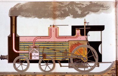 Schnittansicht einer Dampfeisenbahnlokomotive aus der Mitte des 19. Jahrhunderts, 1882 von Unbekannt