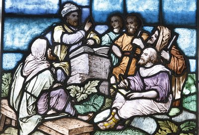 Buntglas: Abraham studiert die Tora mit dem Volk Israel, Budapest, Ungarn von Unbekannt